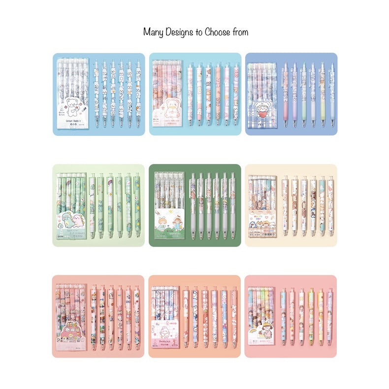 Cartoon Gel Pen Set – 6pcs Black Ink | Cute Clip Retractable Pens | Gift Stationery Boxed Set