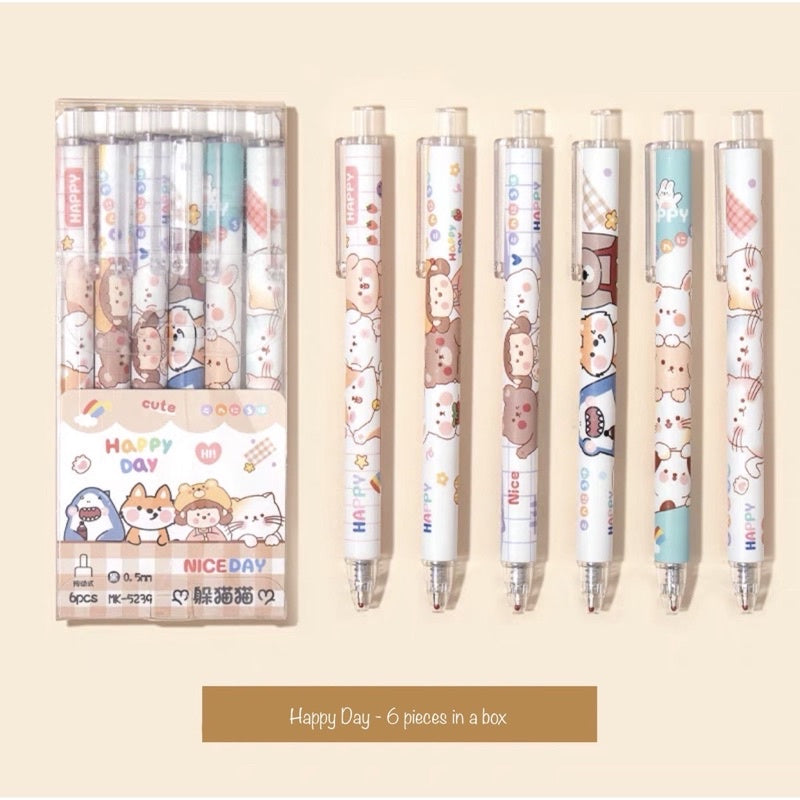 Cartoon Gel Pen Set – 6pcs Black Ink | Cute Clip Retractable Pens | Gift Stationery Boxed Set