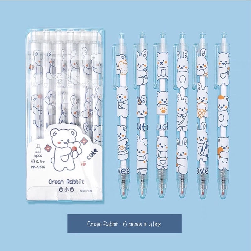 Cartoon Gel Pen Set – 6pcs Black Ink | Cute Clip Retractable Pens | Gift Stationery Boxed Set