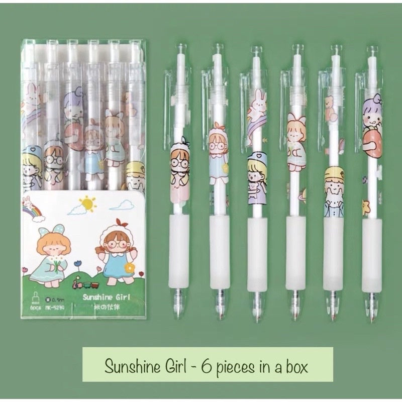 Cartoon Gel Pen Set – 6pcs Black Ink | Cute Clip Retractable Pens | Gift Stationery Boxed Set