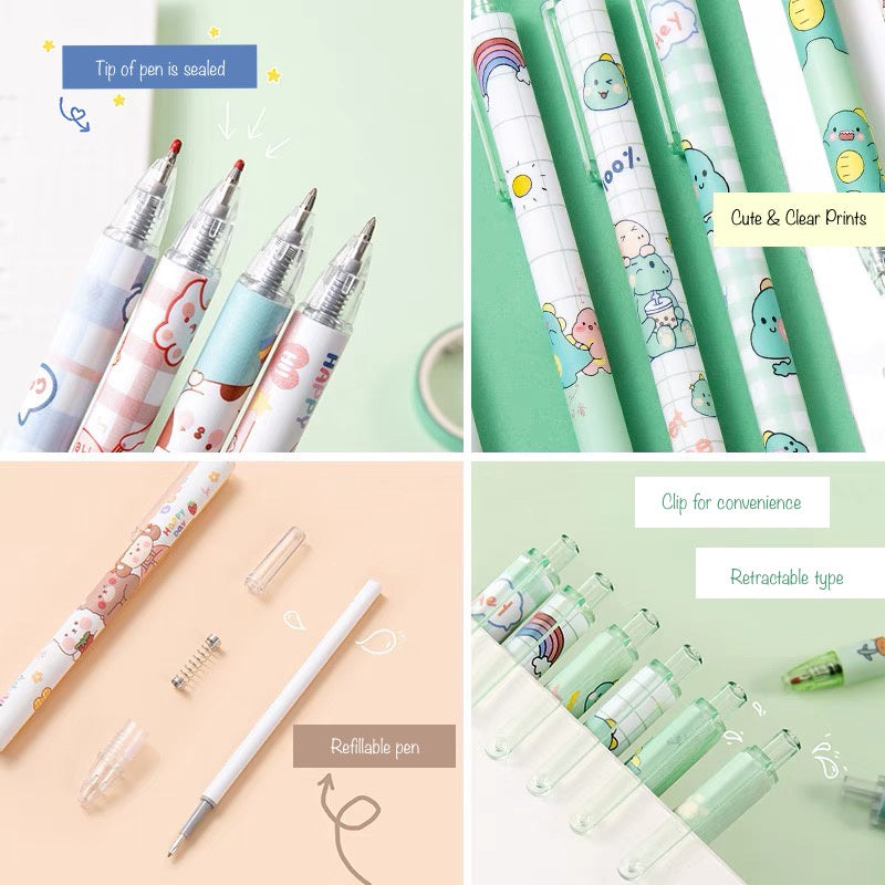 Cartoon Gel Pen Set – 6pcs Black Ink | Cute Clip Retractable Pens | Gift Stationery Boxed Set