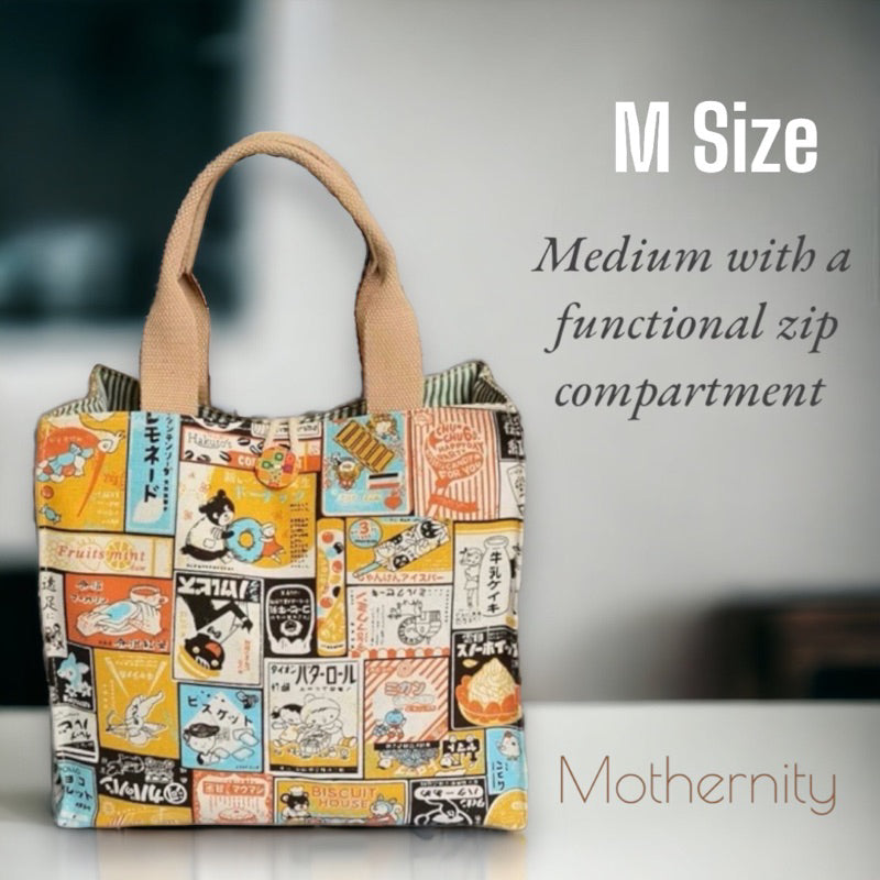 Canvas Tote Bag Lunch Bag with Zip Pocket | Japanese Style Cat Print | Mummy Casual Bag