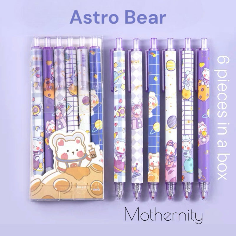 Cartoon Gel Pen Set – 6pcs Black Ink | Cute Clip Retractable Pens | Gift Stationery Boxed Set