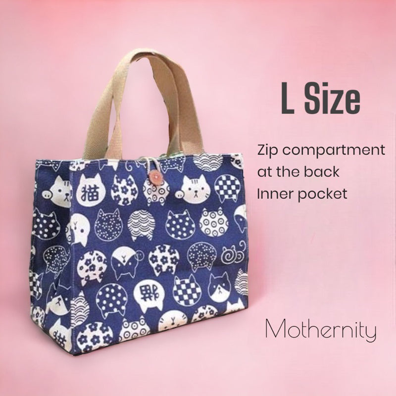 Canvas Tote Bag Lunch Bag with Zip Pocket | Japanese Style Cat Print | Mummy Casual Bag