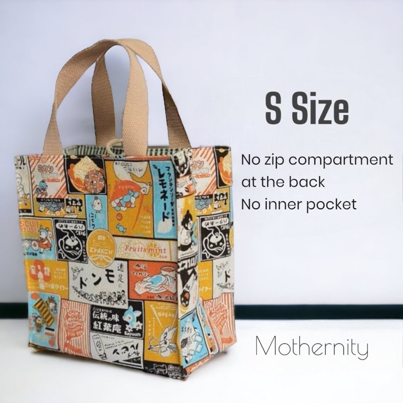 Canvas Tote Bag Lunch Bag with Zip Pocket | Japanese Style Cat Print | Mummy Casual Bag