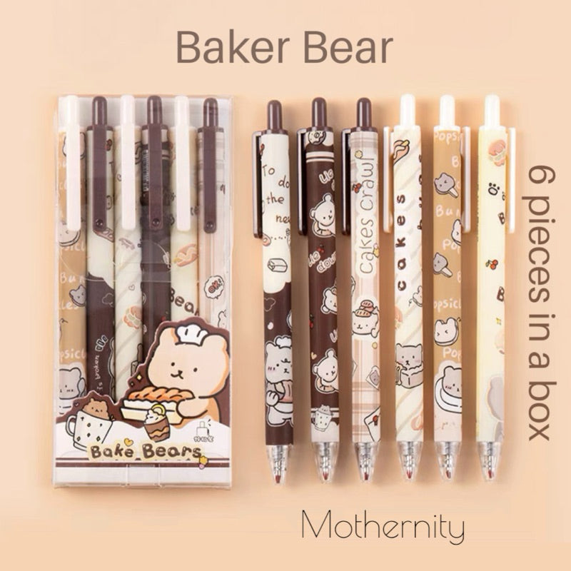 Cartoon Gel Pen Set – 6pcs Black Ink | Cute Clip Retractable Pens | Gift Stationery Boxed Set