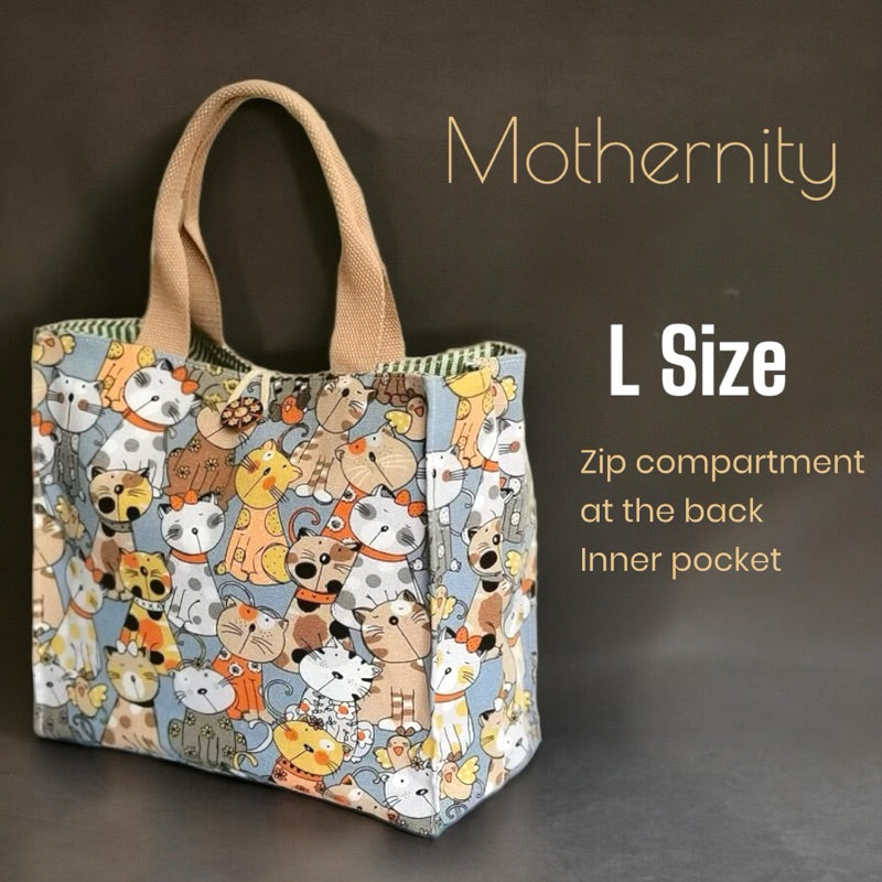 Canvas Tote Bag Lunch Bag with Zip Pocket | Japanese Style Cat Print | Mummy Casual Bag