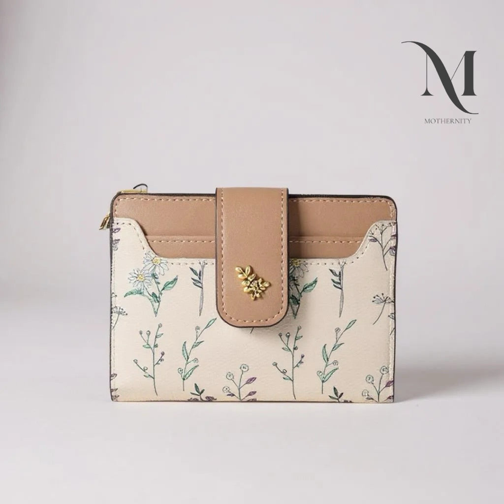 Elegant Floral Short Wallet – Korean Style Compact Purse with Coin Zip & Card Holder | Mothernity