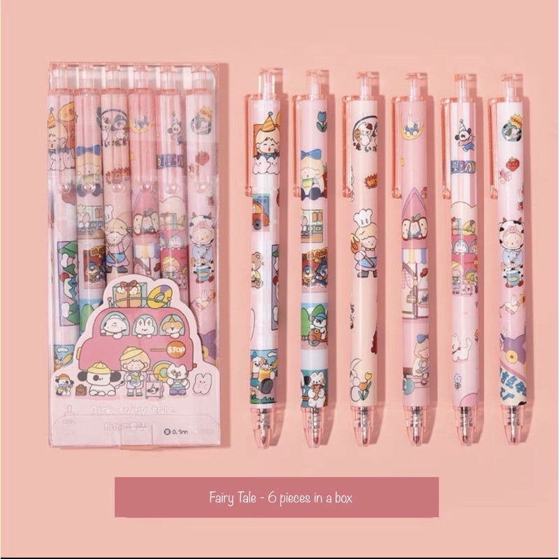 Cartoon Gel Pen Set – 6pcs Black Ink | Cute Clip Retractable Pens | Gift Stationery Boxed Set