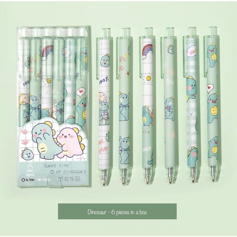 Cartoon Gel Pen Set – 6pcs Black Ink | Cute Clip Retractable Pens | Gift Stationery Boxed Set