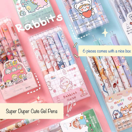 Cartoon Gel Pen Set – 6pcs Black Ink | Cute Clip Retractable Pens | Gift Stationery Boxed Set