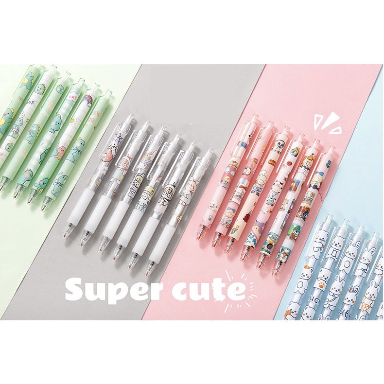 Cartoon Gel Pen Set – 6pcs Black Ink | Cute Clip Retractable Pens | Gift Stationery Boxed Set