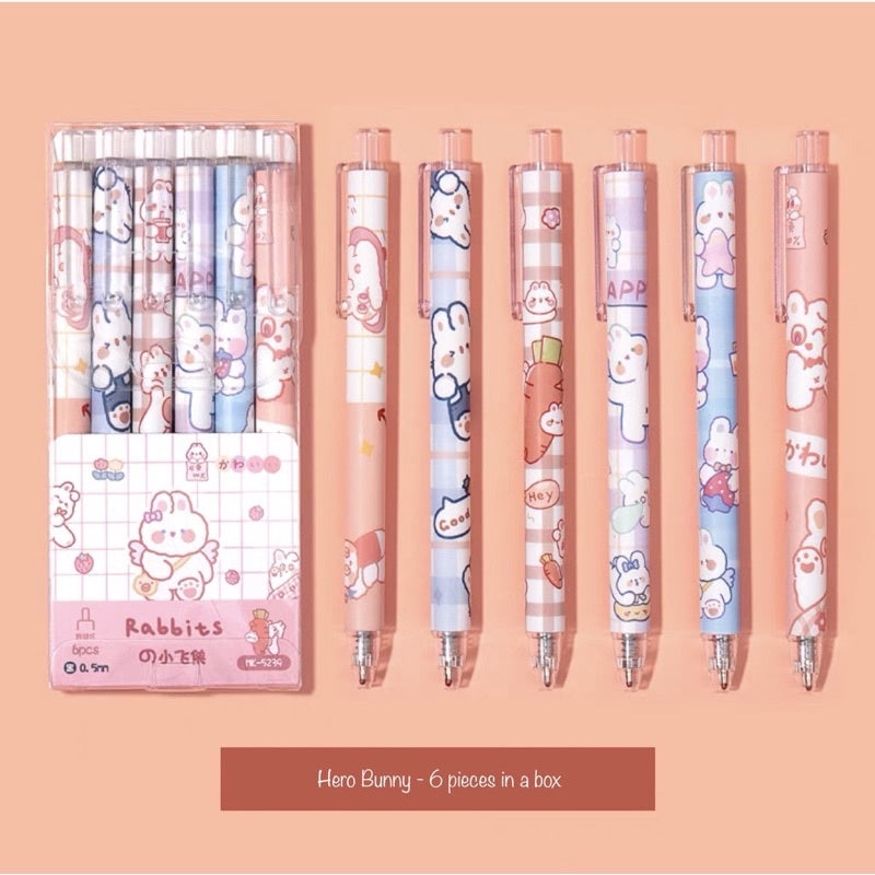 Cartoon Gel Pen Set – 6pcs Black Ink | Cute Clip Retractable Pens | Gift Stationery Boxed Set