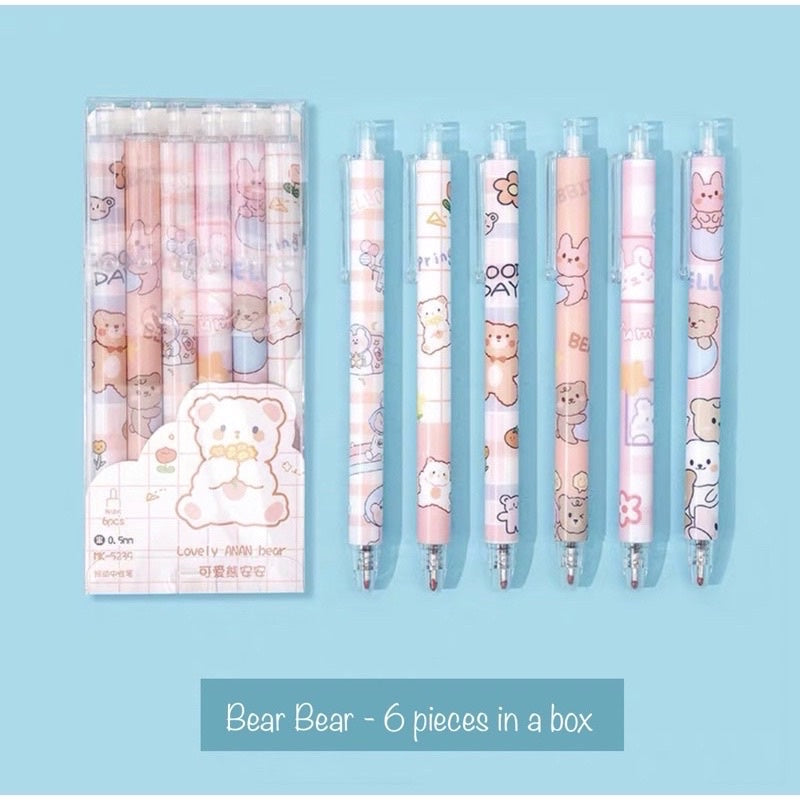 Cartoon Gel Pen Set – 6pcs Black Ink | Cute Clip Retractable Pens | Gift Stationery Boxed Set