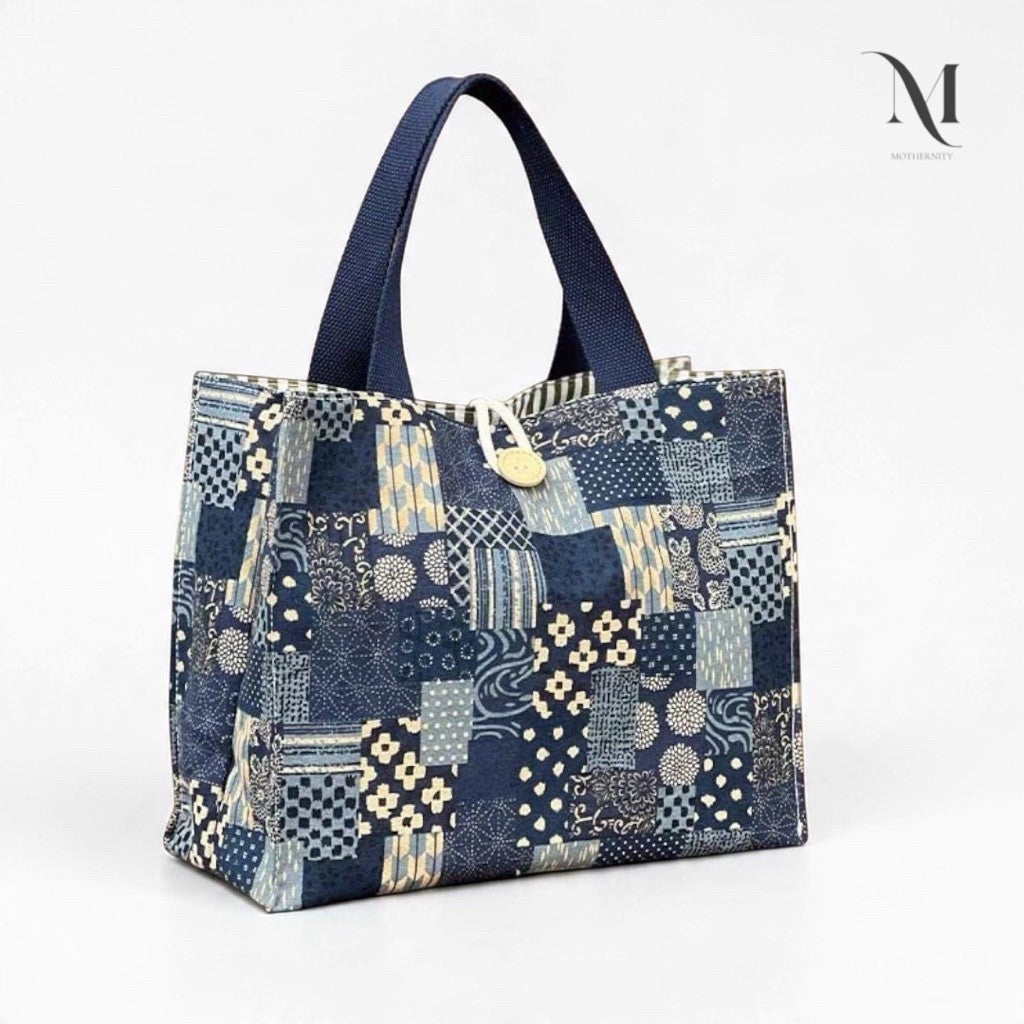 Mothernity Patchwork Canvas Tote Bag | Japanese-Inspired Print Striped Lining & Zip Pockets