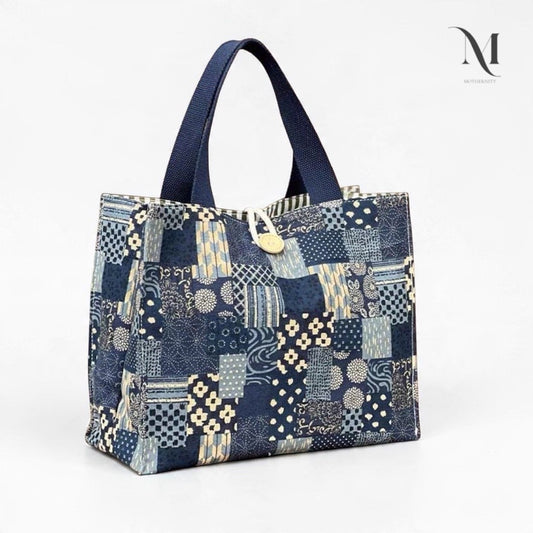 Mothernity Patchwork Canvas Tote Bag | Japanese-Inspired Print Striped Lining & Zip Pockets