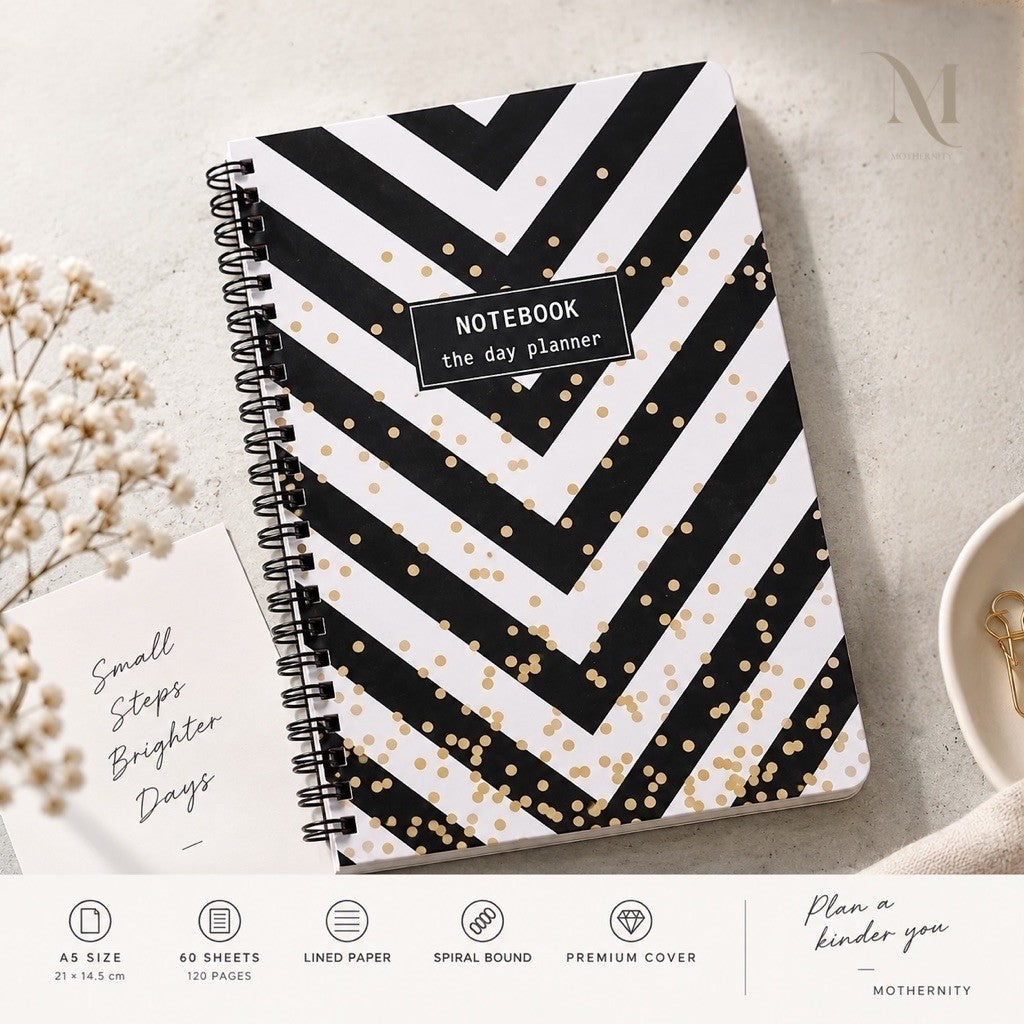 A5 Spiral Notebook | Lined 80 Sheets 160 Pages | Black White Gold Polka Dots Chevron Stripes
