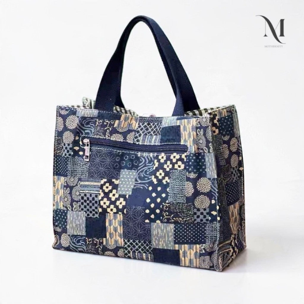 Mothernity Patchwork Canvas Tote Bag | Japanese-Inspired Print Striped Lining & Zip Pockets