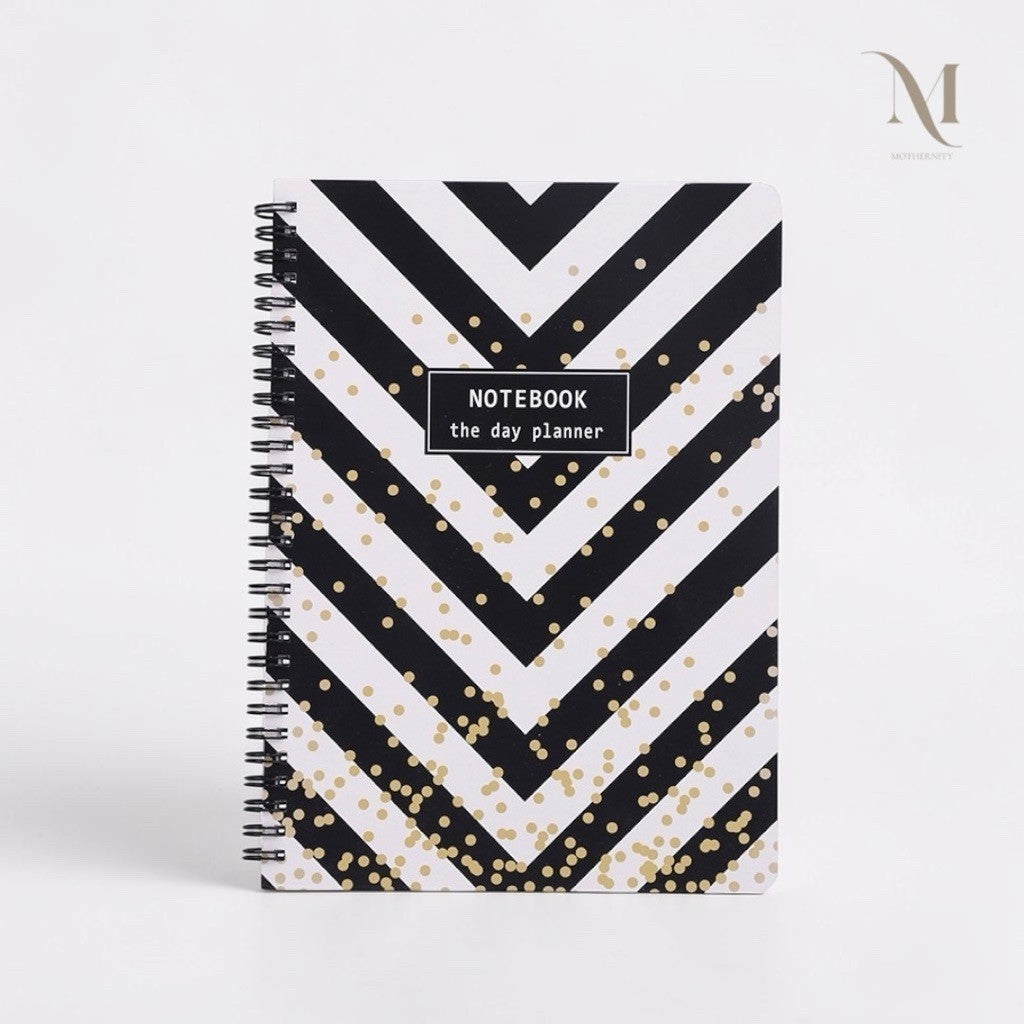 A5 Spiral Notebook | Lined 80 Sheets 160 Pages | Black White Gold Polka Dots Chevron Stripes