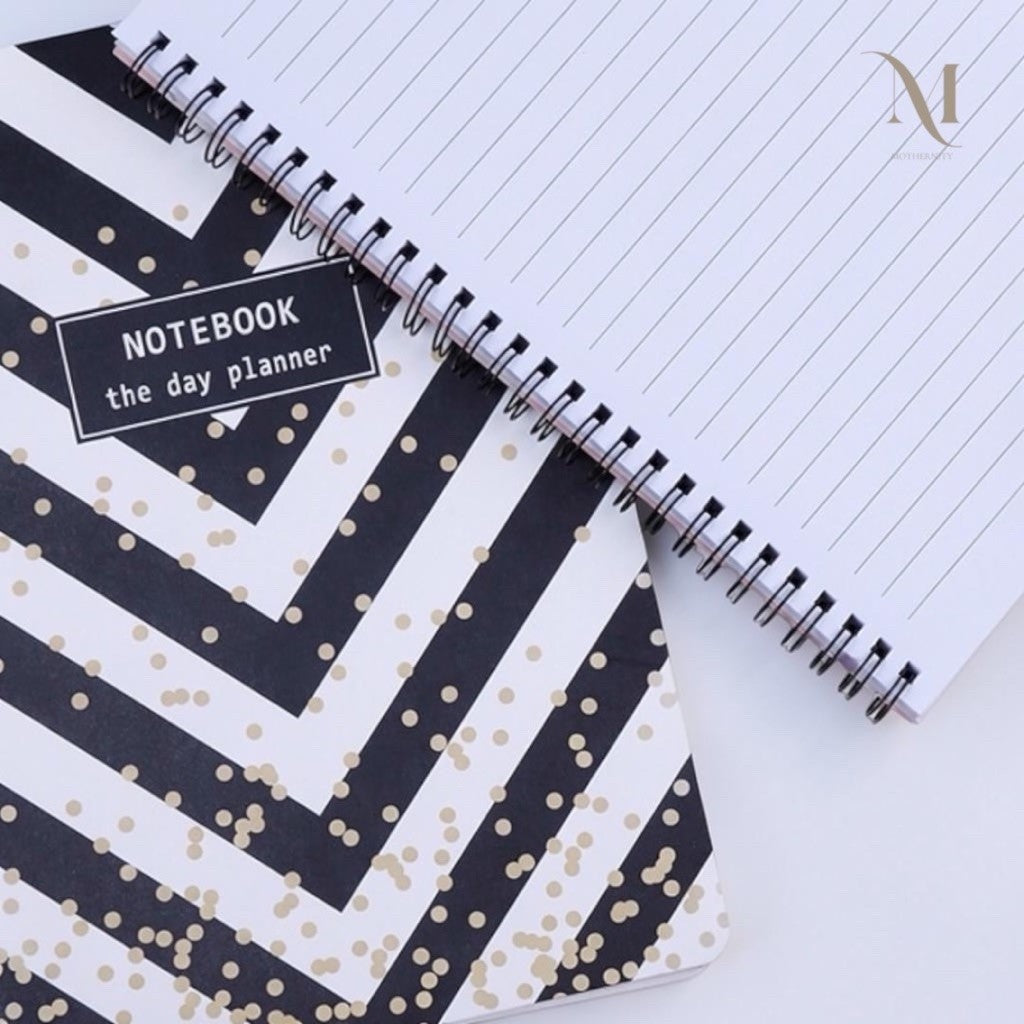 A5 Spiral Notebook | Lined 80 Sheets 160 Pages | Black White Gold Polka Dots Chevron Stripes