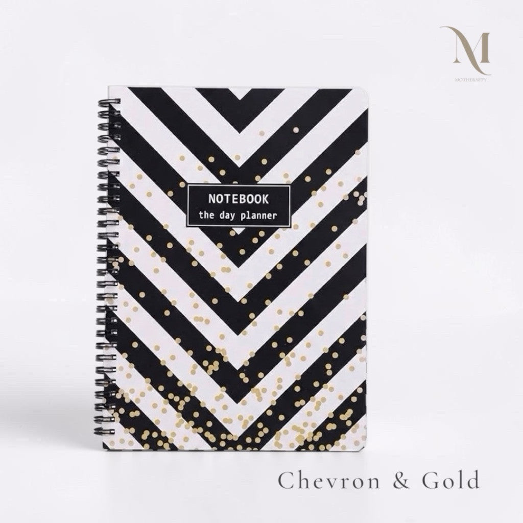 A5 Spiral Notebook | Lined 80 Sheets 160 Pages | Black White Gold Polka Dots Chevron Stripes