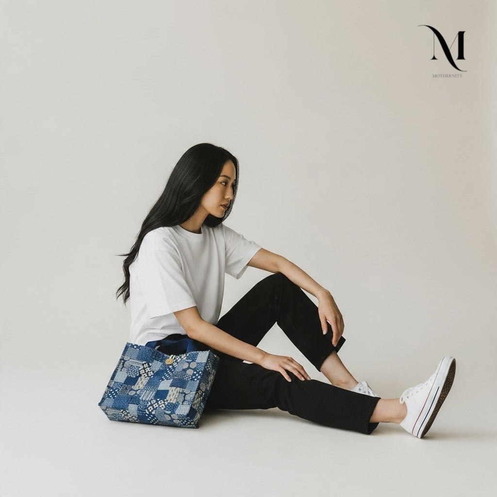 Mothernity Patchwork Canvas Tote Bag | Japanese-Inspired Print Striped Lining & Zip Pockets
