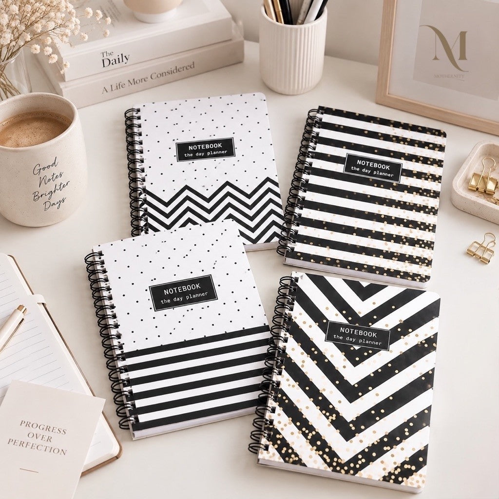 A5 Spiral Notebook | Lined 80 Sheets 160 Pages | Black White Gold Polka Dots Chevron Stripes