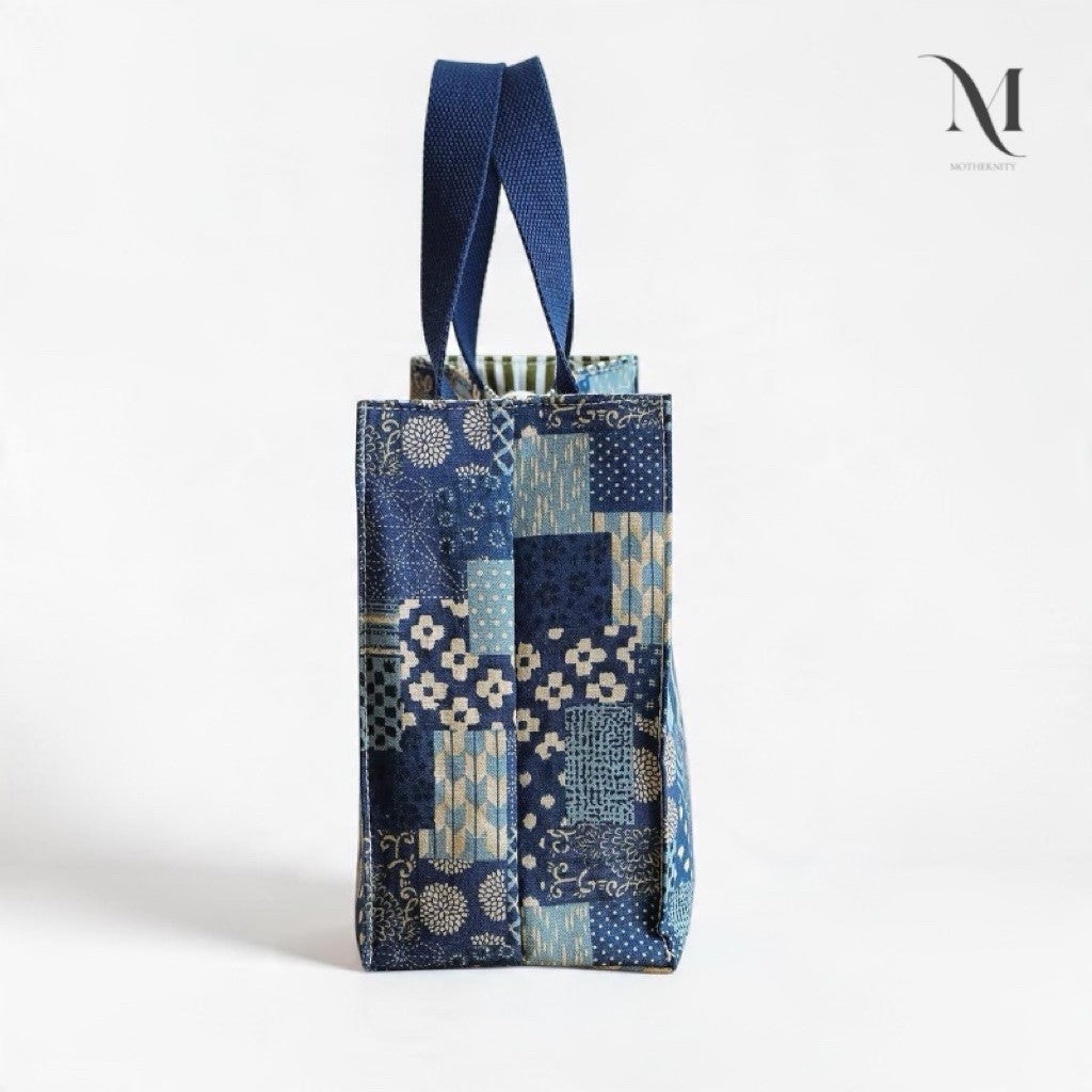 Mothernity Patchwork Canvas Tote Bag | Japanese-Inspired Print Striped Lining & Zip Pockets