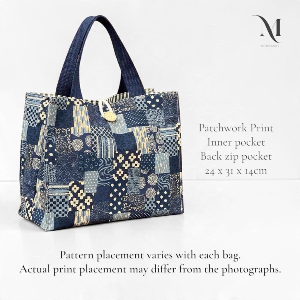 Mothernity Patchwork Canvas Tote Bag | Japanese-Inspired Print Striped Lining & Zip Pockets