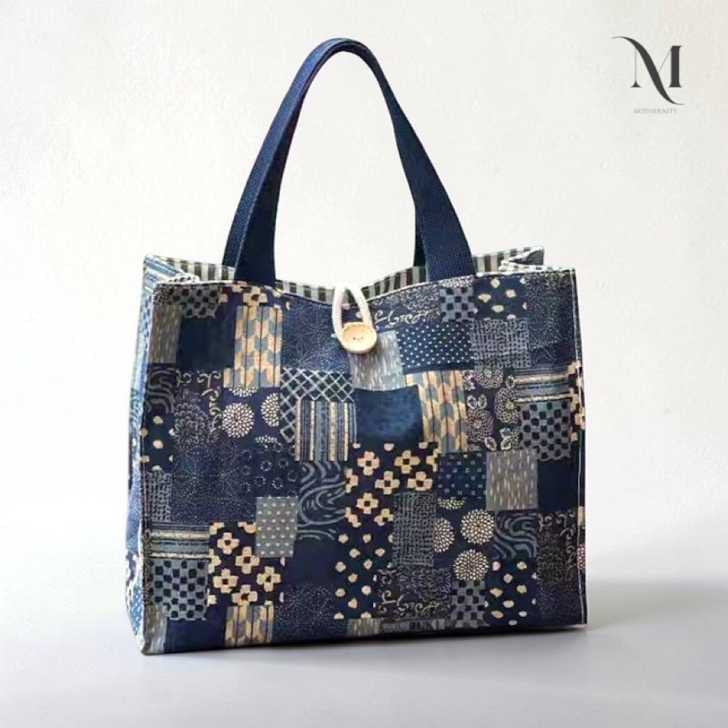 Mothernity Patchwork Canvas Tote Bag | Japanese-Inspired Print Striped Lining & Zip Pockets
