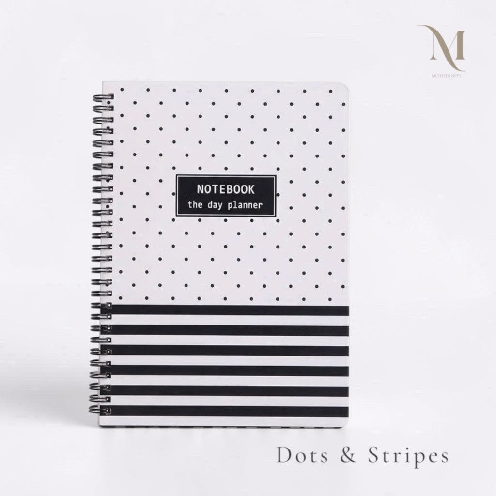 A5 Spiral Notebook | Lined 80 Sheets 160 Pages | Black White Gold Polka Dots Chevron Stripes