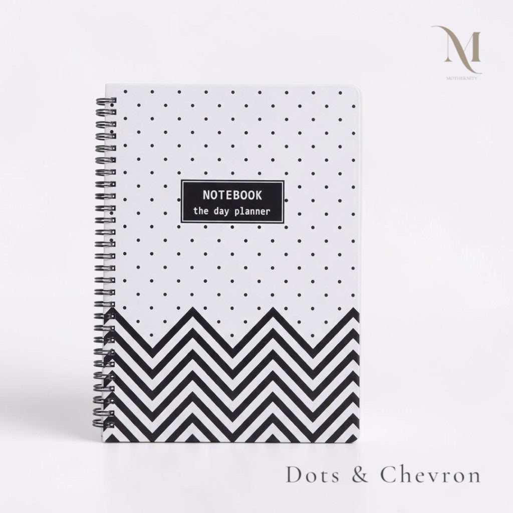 A5 Spiral Notebook | Lined 80 Sheets 160 Pages | Black White Gold Polka Dots Chevron Stripes