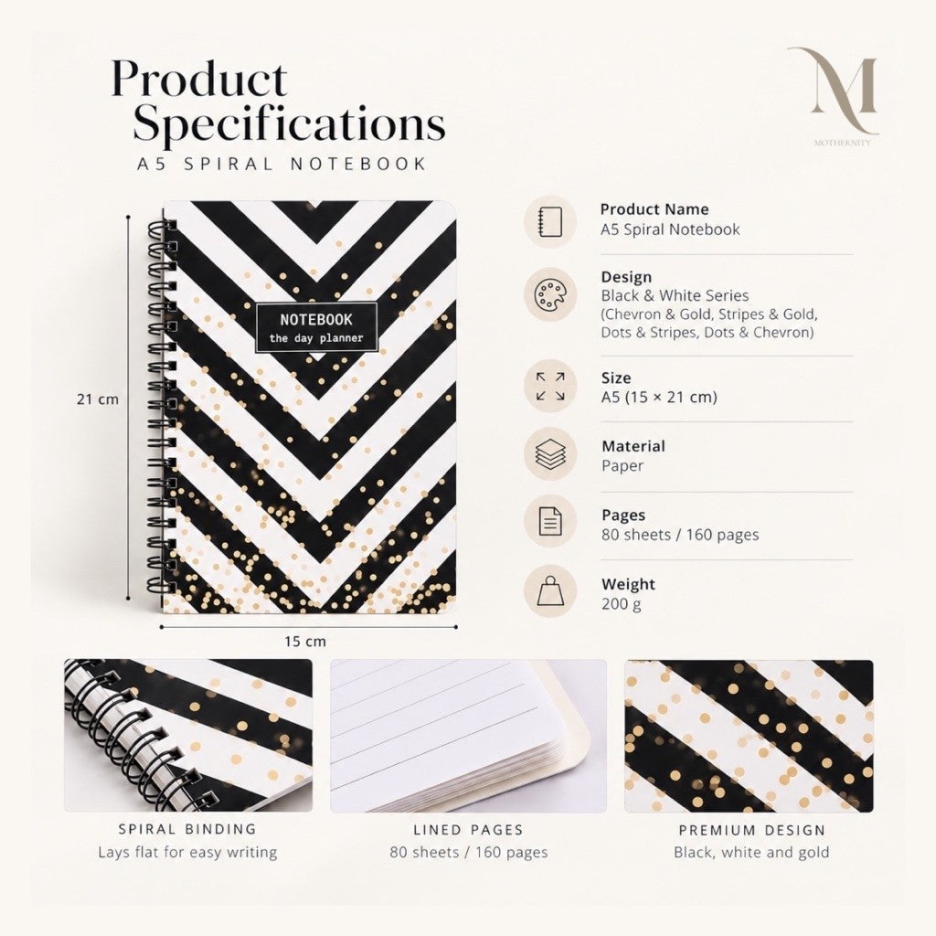 A5 Spiral Notebook | Lined 80 Sheets 160 Pages | Black White Gold Polka Dots Chevron Stripes