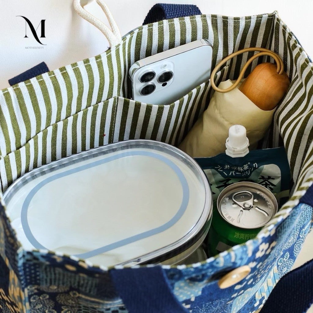 Mothernity Patchwork Canvas Tote Bag | Japanese-Inspired Print Striped Lining & Zip Pockets