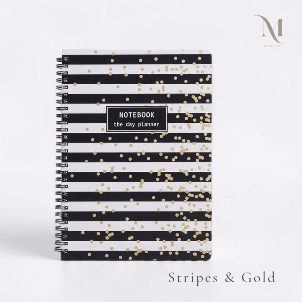 A5 Spiral Notebook | Lined 80 Sheets 160 Pages | Black White Gold Polka Dots Chevron Stripes