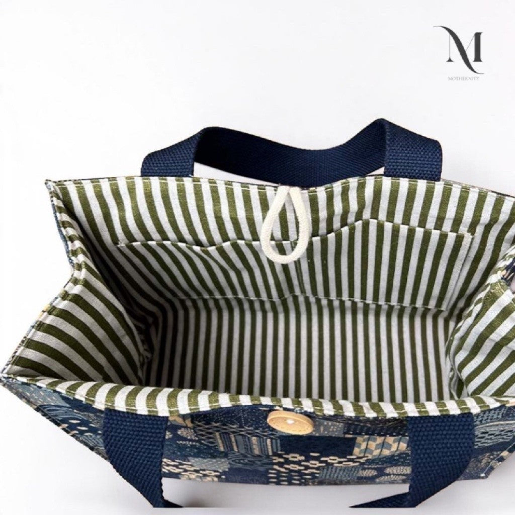 Mothernity Patchwork Canvas Tote Bag | Japanese-Inspired Print Striped Lining & Zip Pockets