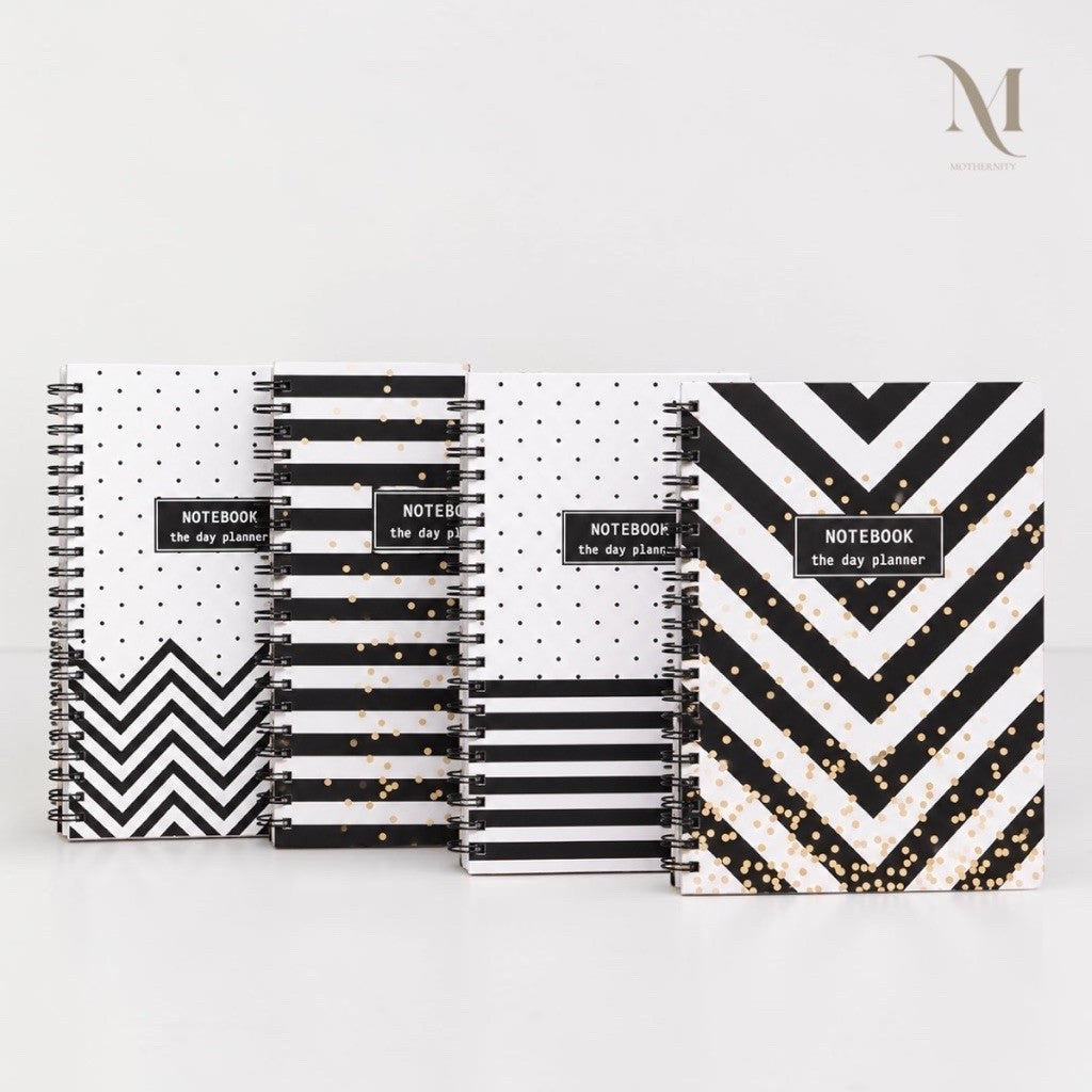A5 Spiral Notebook | Lined 80 Sheets 160 Pages | Black White Gold Polka Dots Chevron Stripes