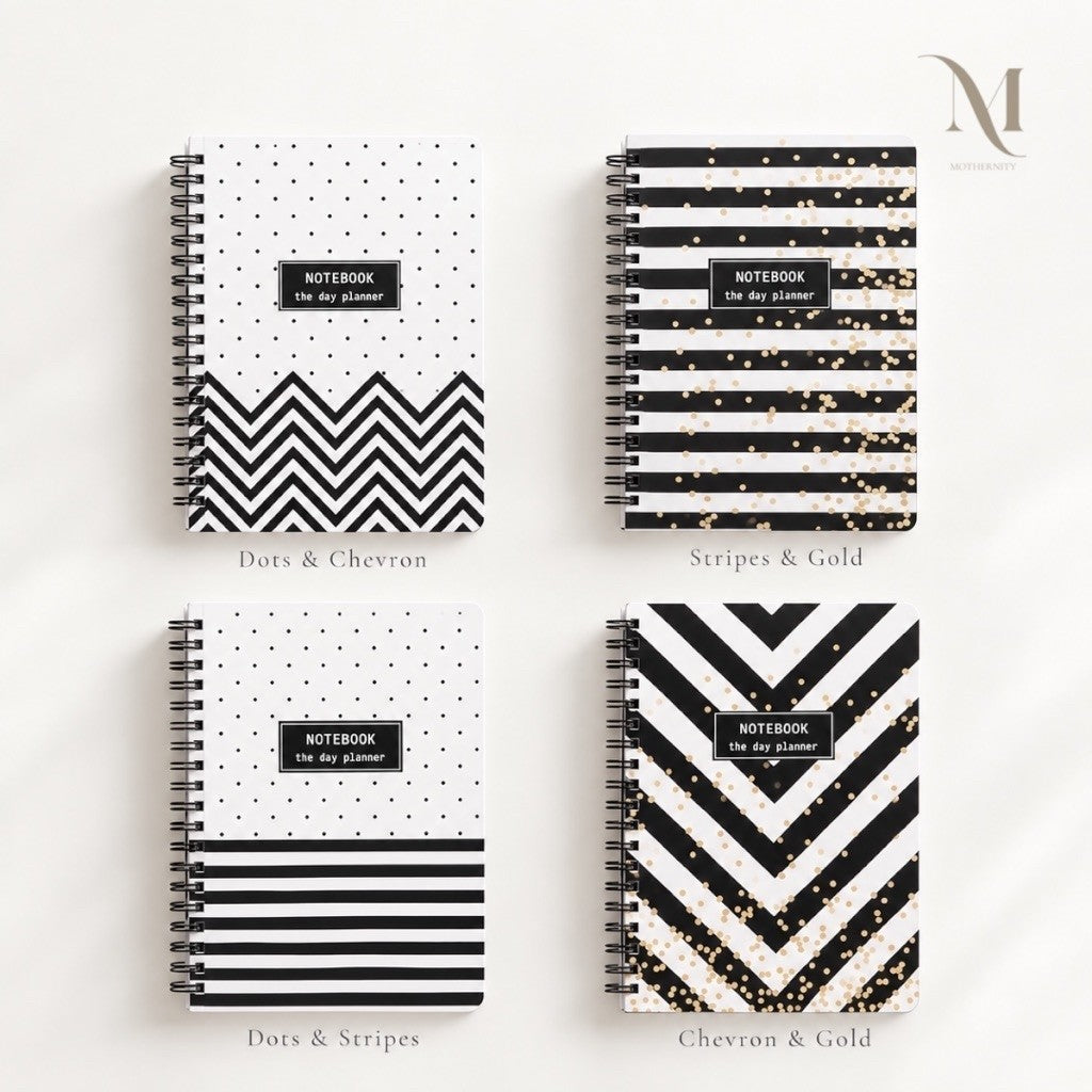 A5 Spiral Notebook | Lined 80 Sheets 160 Pages | Black White Gold Polka Dots Chevron Stripes