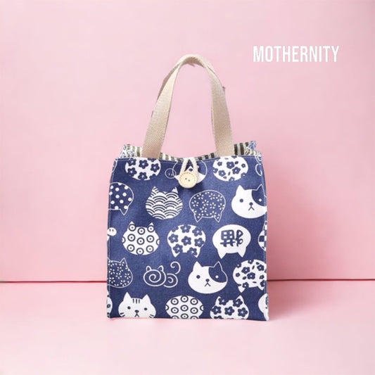 Canvas Tote Bag Lunch Bag with Zip Pocket | Japanese Style Cat Print | Mummy Casual Bag