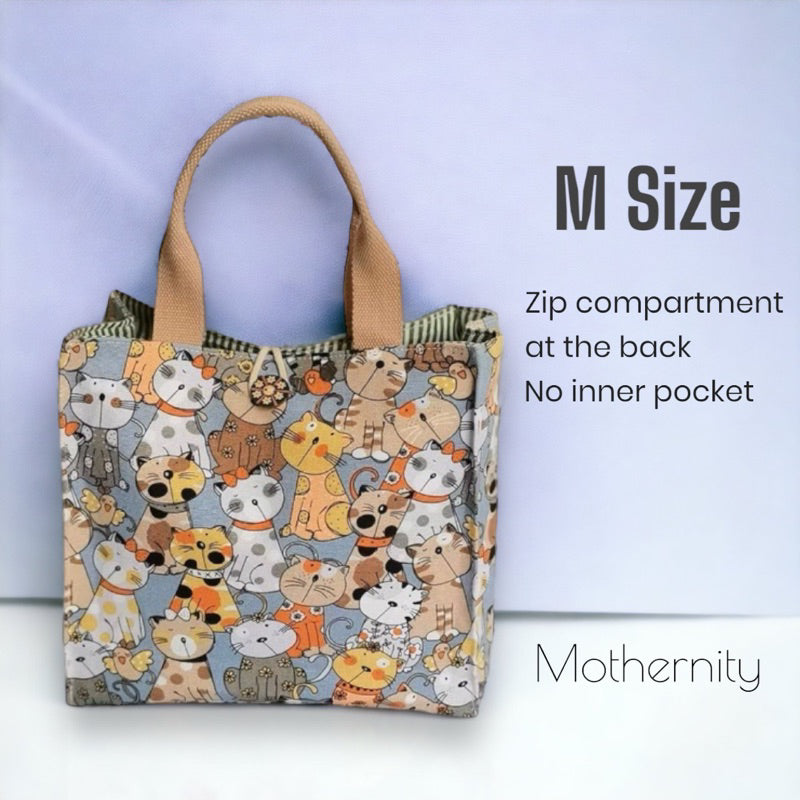 Canvas Tote Bag Lunch Bag with Zip Pocket | Japanese Style Cat Print | Mummy Casual Bag