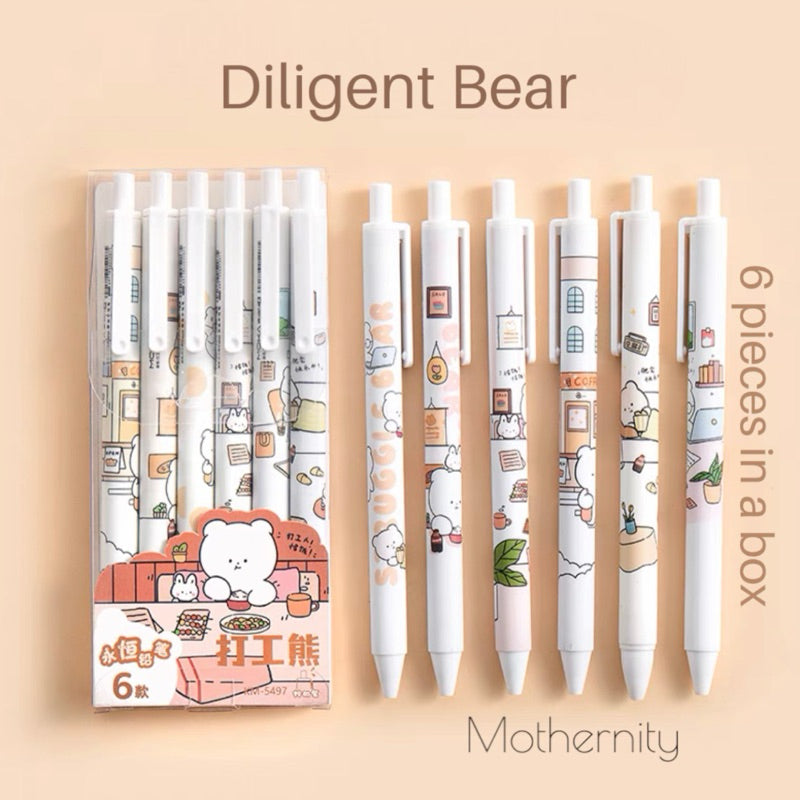 Cartoon Gel Pen Set – 6pcs Black Ink | Cute Clip Retractable Pens | Gift Stationery Boxed Set