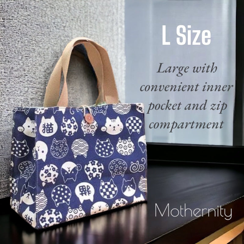 Canvas Tote Bag Lunch Bag with Zip Pocket | Japanese Style Cat Print | Mummy Casual Bag
