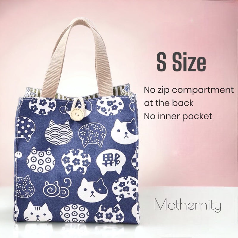 Canvas Tote Bag Lunch Bag with Zip Pocket | Japanese Style Cat Print | Mummy Casual Bag