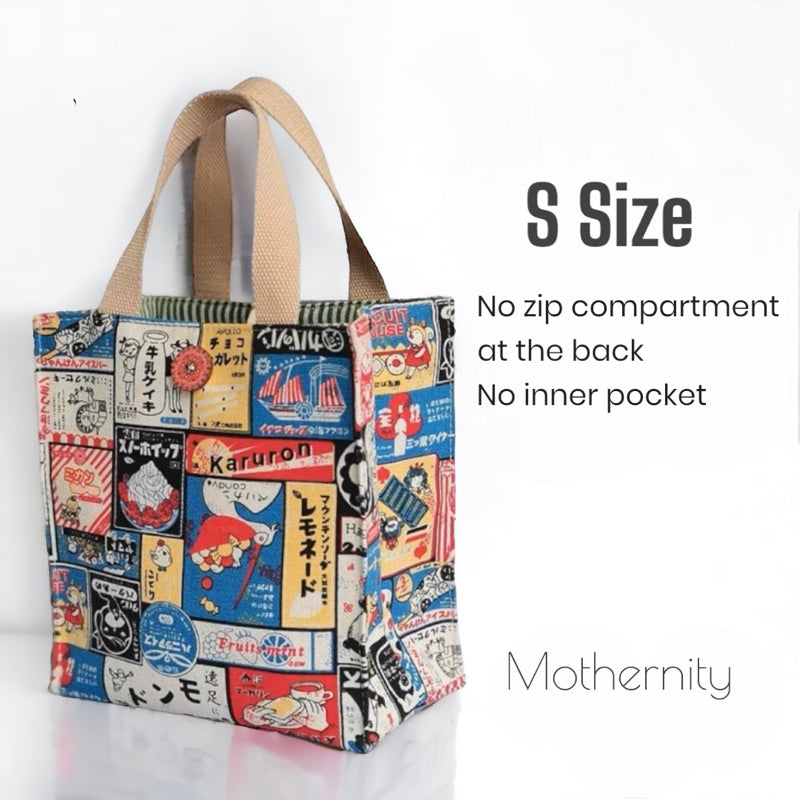 Canvas Tote Bag Lunch Bag with Zip Pocket | Japanese Style Cat Print | Mummy Casual Bag