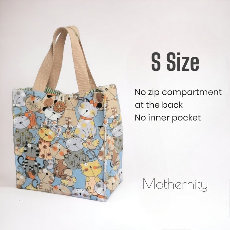 Canvas Tote Bag Lunch Bag with Zip Pocket | Japanese Style Cat Print | Mummy Casual Bag