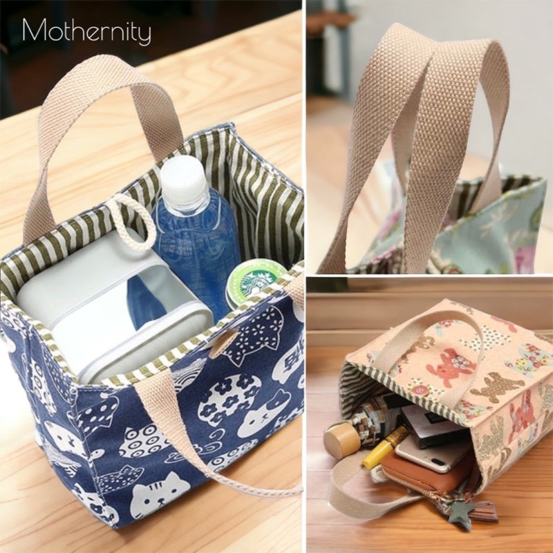 Canvas Tote Bag Lunch Bag with Zip Pocket | Japanese Style Cat Print | Mummy Casual Bag