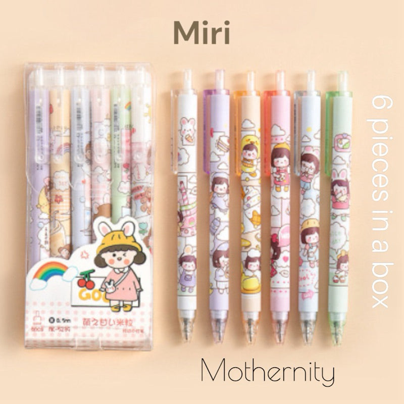 Cartoon Gel Pen Set – 6pcs Black Ink | Cute Clip Retractable Pens | Gift Stationery Boxed Set