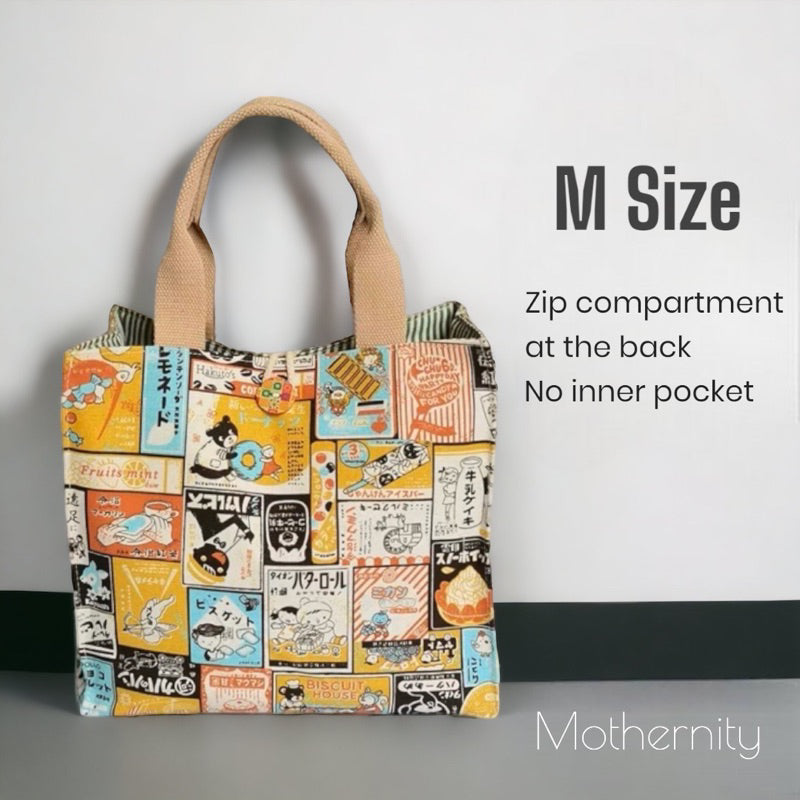 Canvas Tote Bag Lunch Bag with Zip Pocket | Japanese Style Cat Print | Mummy Casual Bag