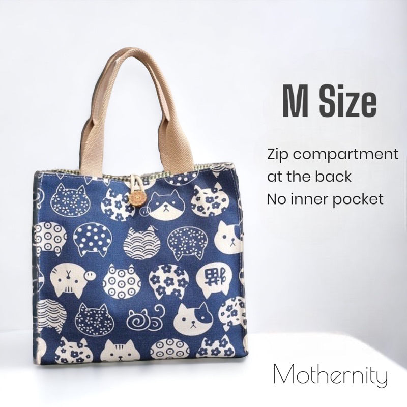Canvas Tote Bag Lunch Bag with Zip Pocket | Japanese Style Cat Print | Mummy Casual Bag