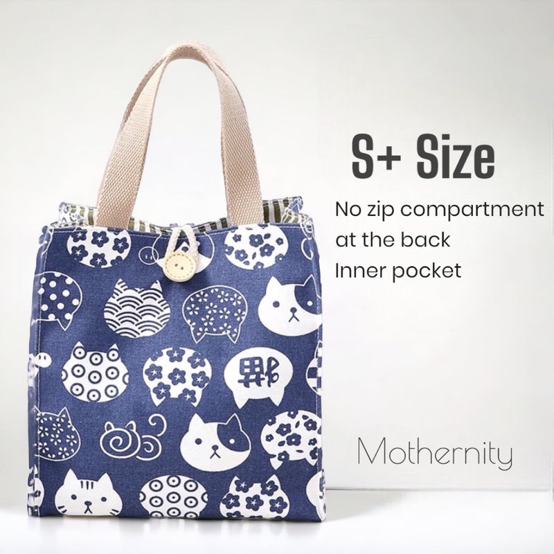 Canvas Tote Bag Lunch Bag with Zip Pocket | Japanese Style Cat Print | Mummy Casual Bag